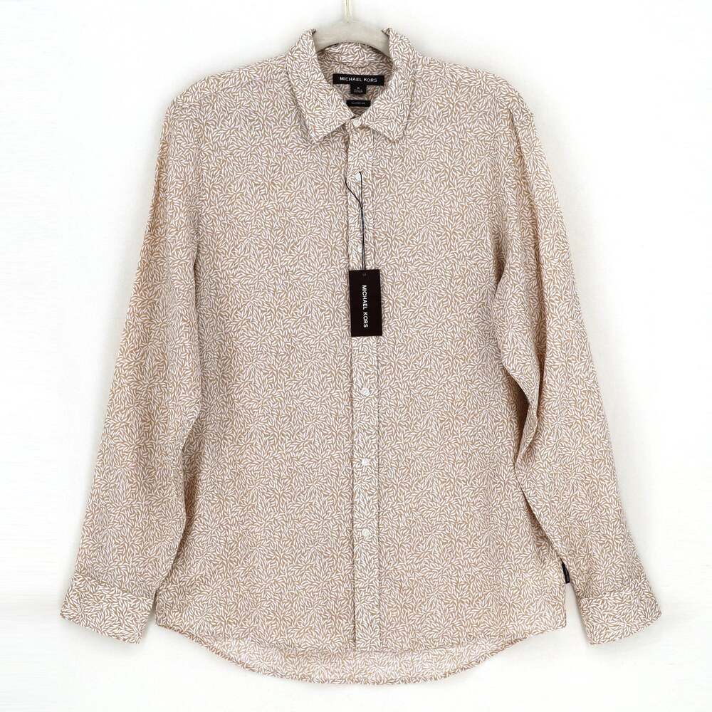 Michael Kors Men's Linen Blend Leaf Print Classic Fit Button Front Shirt Size M